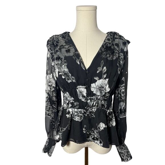 WHBM Black White Floral Ruffle fall winter Top MEDIUM - Picture 2 of 5